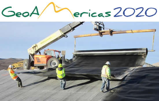 GeoAmericas 2020 image for logo over a photo of three site workers unwinding a sheet of geomembrane from a spreader bar onto a slope.