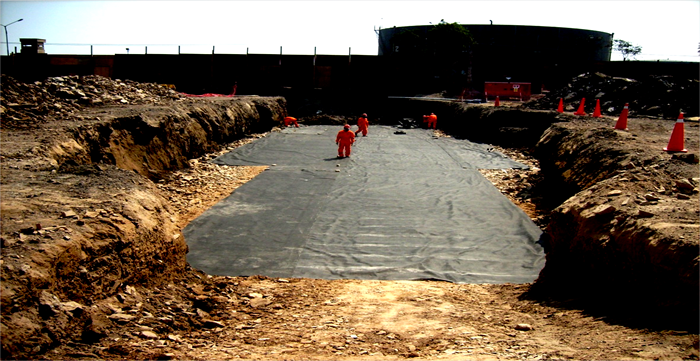 Photo of the level process on site with geotextile placed prior to geocell