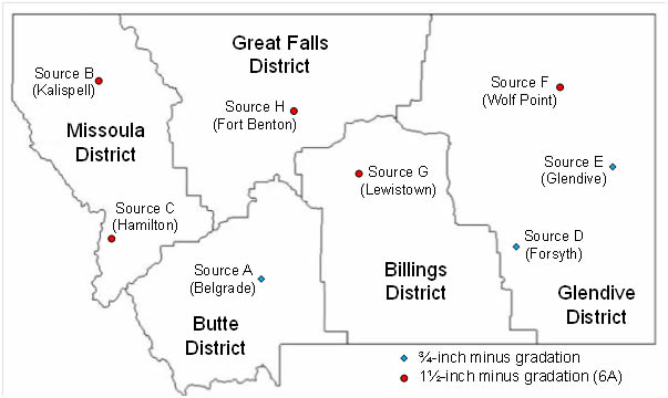 Map of Montana crushed base course sourcing sites