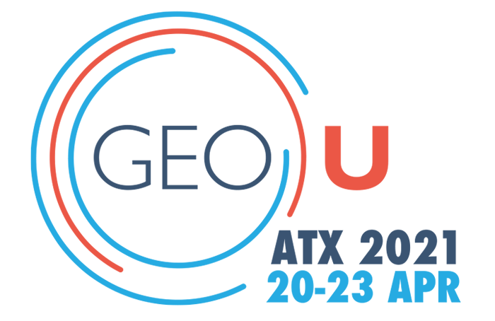 GeoU 2021 Logo with red and blue circles around the word GEO. ATX 2021 and 20-23 April are stacked in lower right corner.