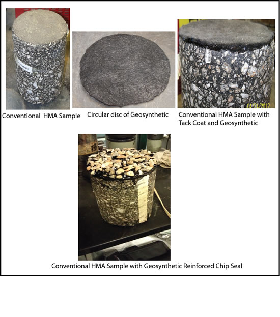 Image of hot mix asphalt samples from geosynthetic reinforced chip seal testing