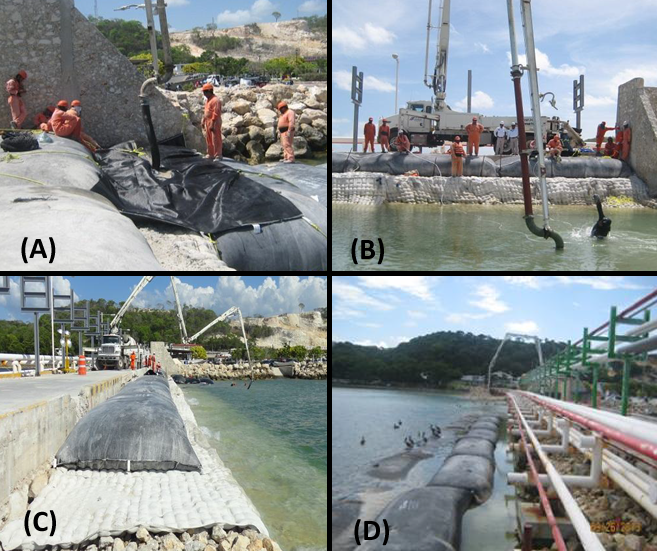 Four images showing geotextile tube installation at the oil terminal