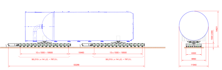 A schematic of the multi-axle vehicle needed to haul the super heavy equipment on the project road