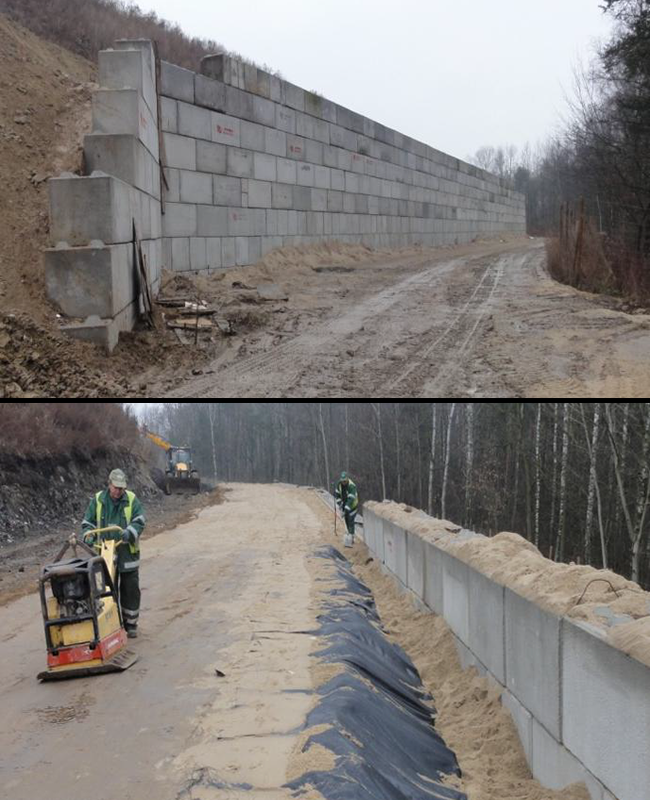Two photos of a concrete retaining wall with woven geotextile reinforcement