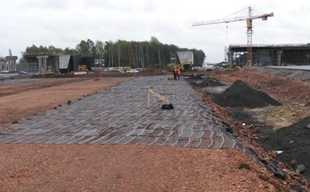 Photo of HDPE geogrid on compacted soil