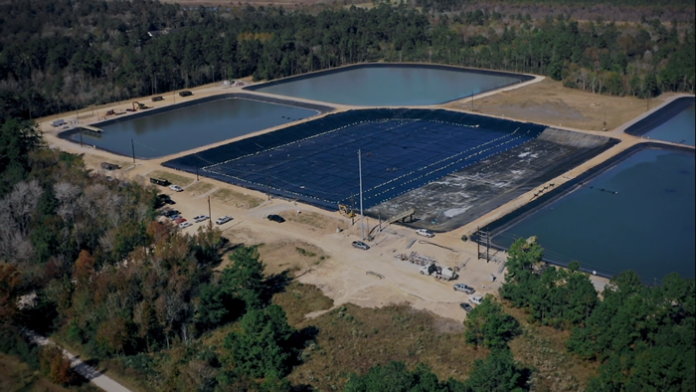 Aerial image of pond array being lined, from Solmax Leak Location Suite video.