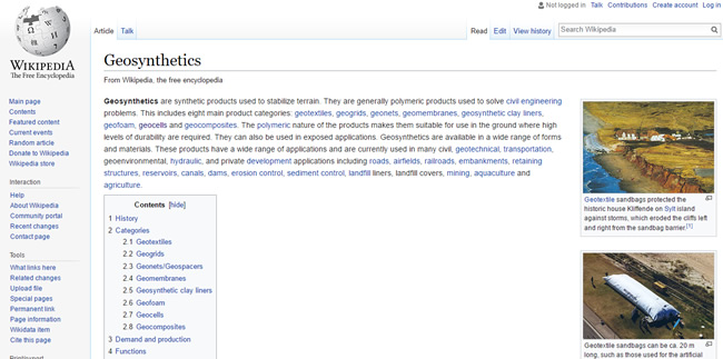 Geosynthetics Education Screenshot: Wikipedia Entry for Geosynthetics