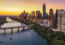 Austin Texas skyline in the evening and bluehour, by jdross75 via Shutterstock license