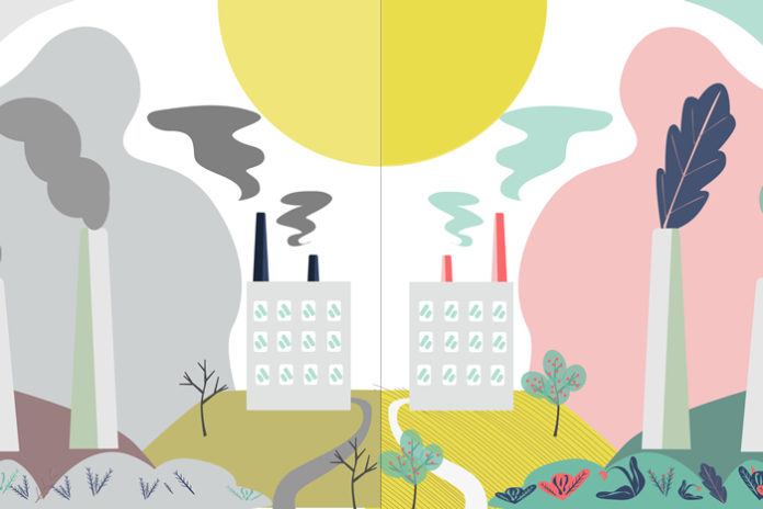 Carbon neutral illustration showing pollutive manufacturing environment on left and clean on right. By Ruslana V via Shutterstock license.